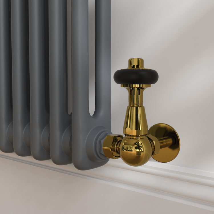 Maesta Brushed Brass Traditional TRV Corner Thermostatic Radiator Valves With Lockshield