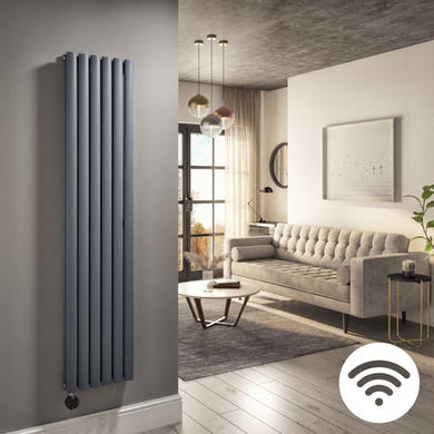 Anthracite Electric Vertical Designer Radiator 1.2kW with Wifi Thermostat - Double Panel H1600xW354mm - IPX4 Bathroom Safe
