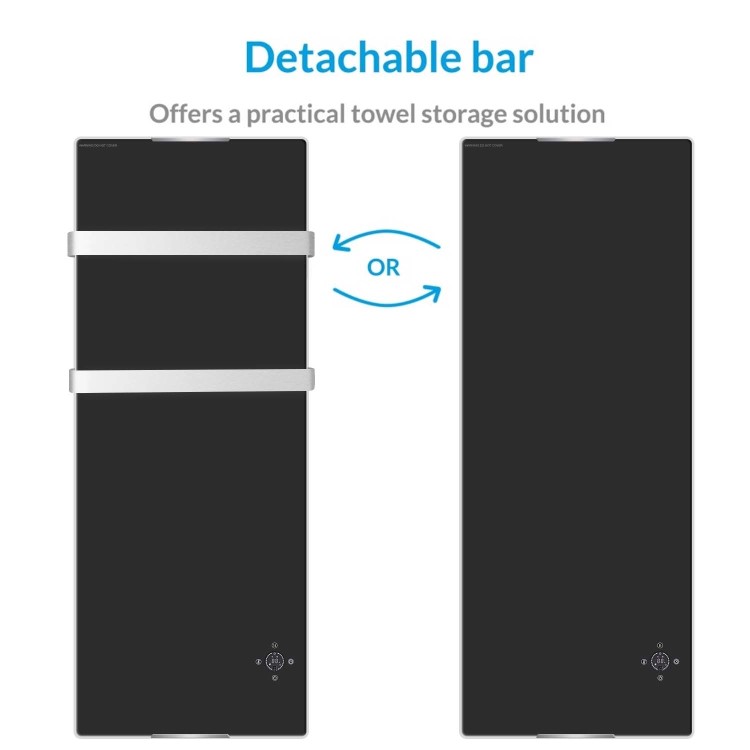 GRADE A2 - 1200W Black Designer Glass Heater Wall Mounted with 2 Towel Rails and Smart WiFi Alexa - IP24 Bathroom Safe 
