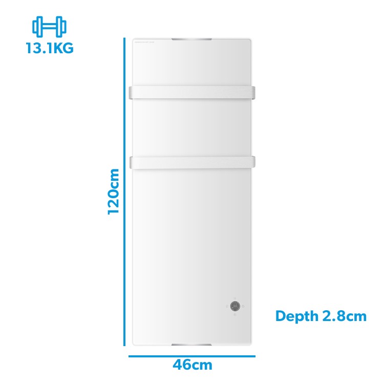 GRADE A3 - 1200W White Designer Glass Heater Wall Mounted with 2 Towel Rails and Smart WiFi Alexa - IP24 Bathroom Safe 