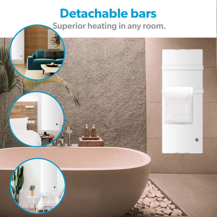 GRADE A3 - 1200W White Designer Glass Heater Wall Mounted with 2 Towel Rails and Smart WiFi Alexa - IP24 Bathroom Safe 