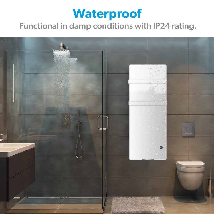 GRADE A3 - 1200W White Designer Glass Heater Wall Mounted with 2 Towel Rails and Smart WiFi Alexa - IP24 Bathroom Safe 