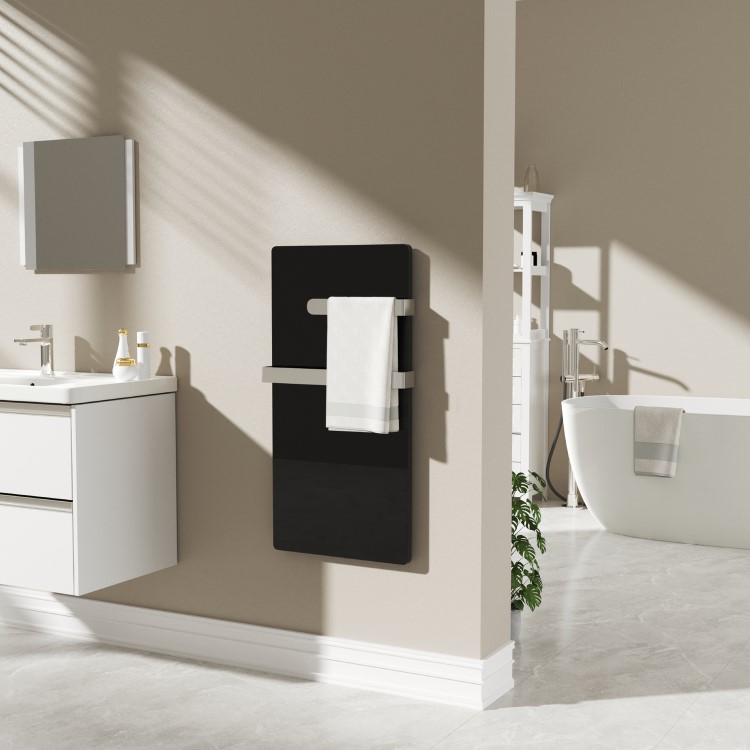 Low Energy 380w Infrared Designer Glass Wall Mounted Heater with Towel Rail and Smart WiFi Alexa - IP24 Bathroom Safe