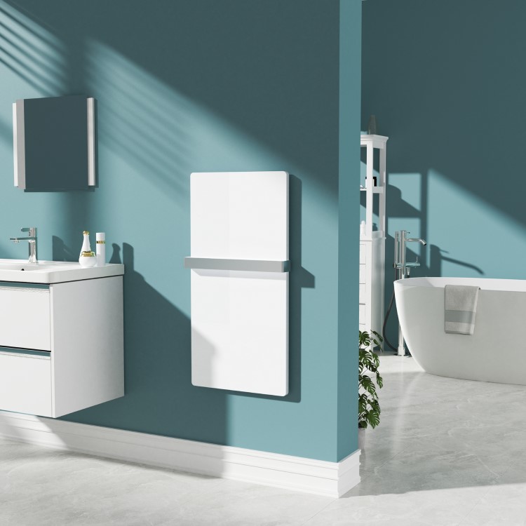 Low Energy 380w Infrared Designer Glass Wall Mounted Heater with Towel Rail and Smart WiFi Alexa - IP24 Bathroom Safe