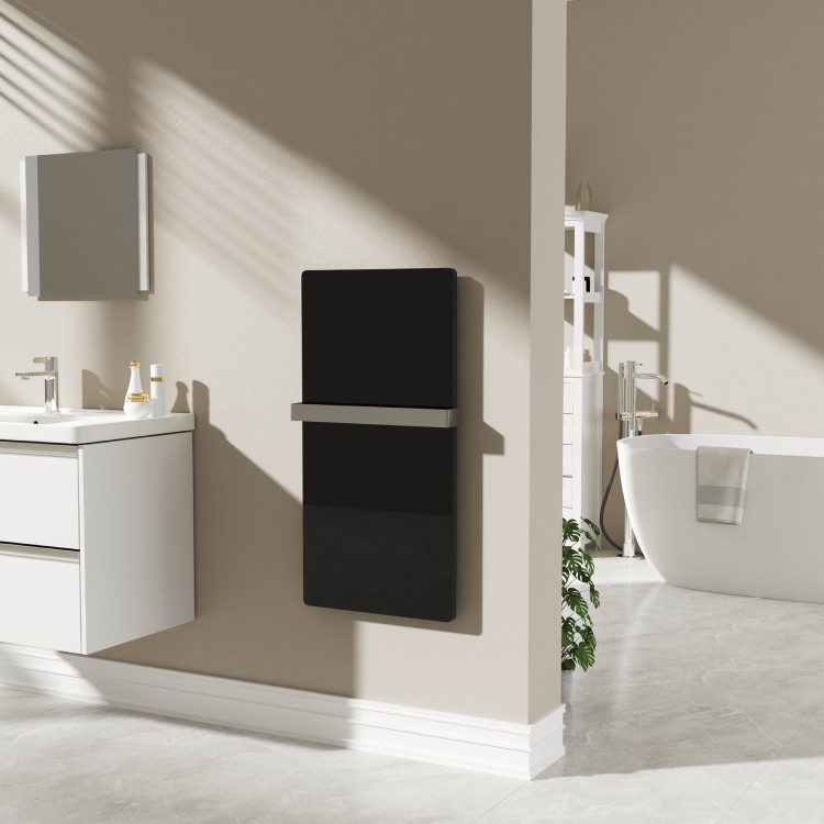 Low Energy 600w Infrared Designer Glass Wall Mounted Heater with Towel Rail and Smart WiFi Alexa - IP24 Bathroom Safe