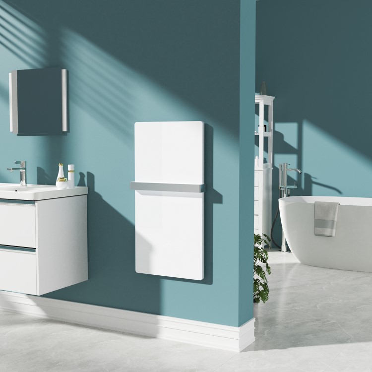 Low Energy 600w Infrared Designer Glass Wall Mounted Heater with Towel Rail and Smart WiFi Alexa - IP24 Bathroom Safe