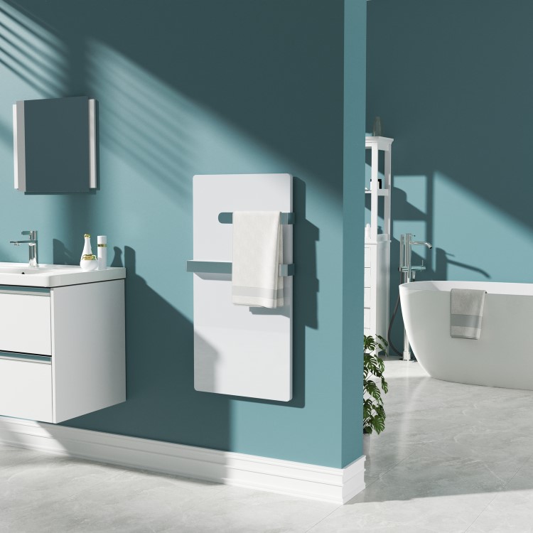 Low Energy 600w Infrared Designer Glass Wall Mounted Heater with Towel Rail and Smart WiFi Alexa - IP24 Bathroom Safe