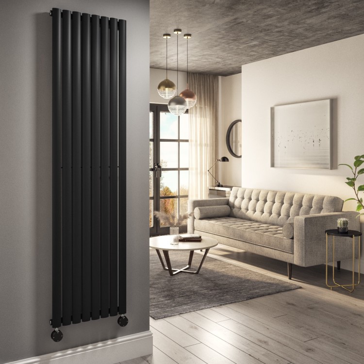 Midnight Black Vertical Smart Electric Radiator with Wi-Fi Thermostat - 2400W - H1800xW472mm - Bathroom Safe