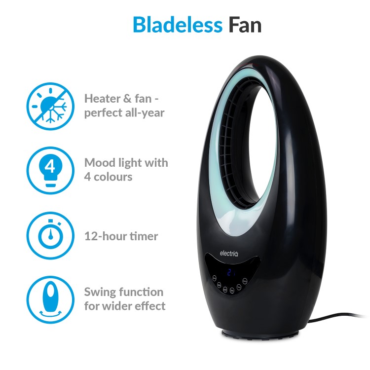 electriQ Black Bladeless Heater Fan 2kW with Optional Mood Light