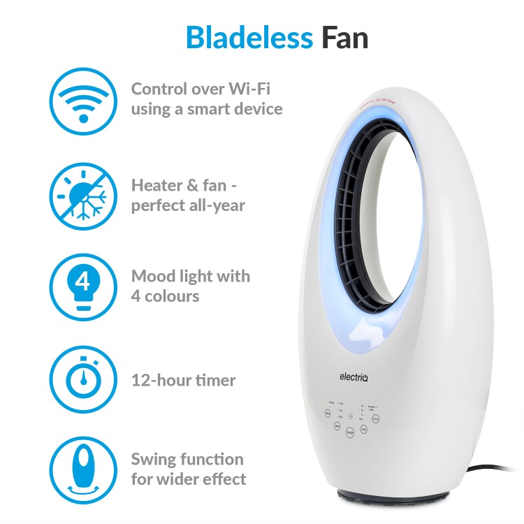 GRADE A1 - electriQ SmartApp Bladeless Fan Cooling and Heating 2kW with Optional Mood Light
